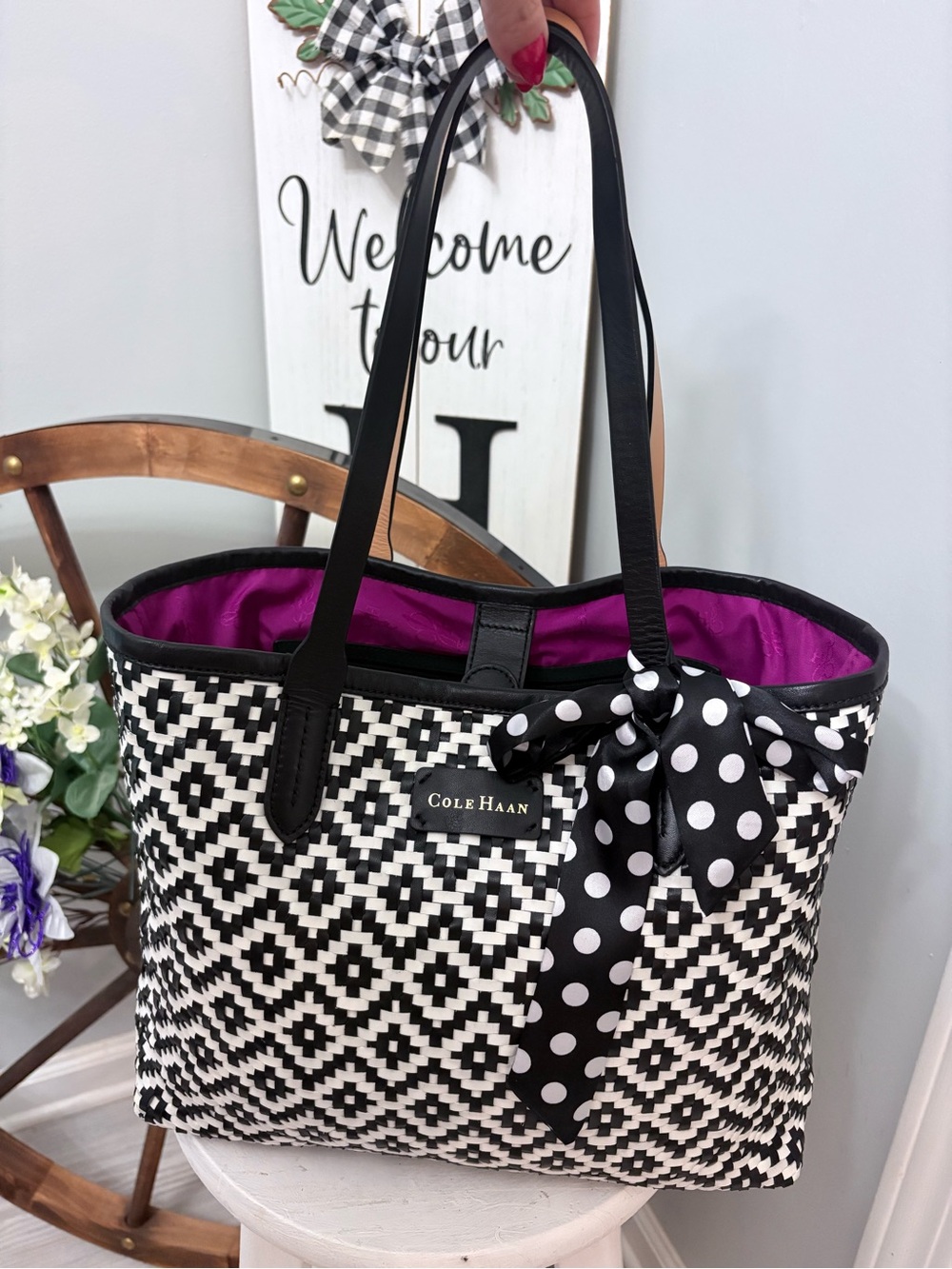 🖤 COLE HAAN Eloise Woven Tote with Magenta Interior